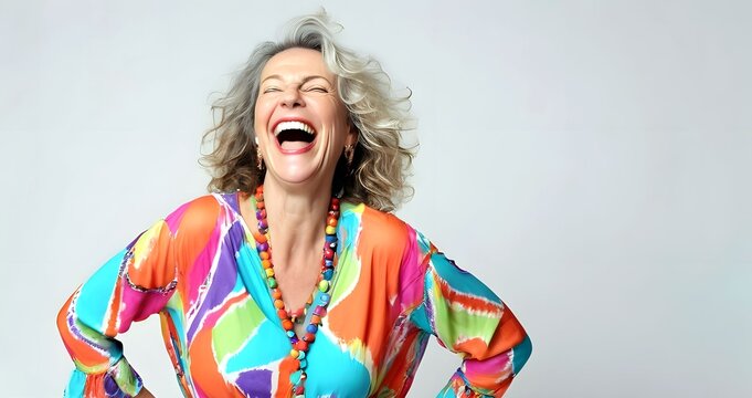 Playful joyful free-spirited middle-aged senior woman in colorful casual outfit, laughing out loud with fun, joyful positive emotion, laughter makes people happy. Bold, youthful and feel good 