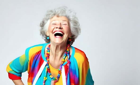 Playful joyful free-spirited middle-aged senior woman in colorful casual outfit, laughing out loud with fun, joyful positive emotion, laughter makes people happy. Bold, youthful and feel good 