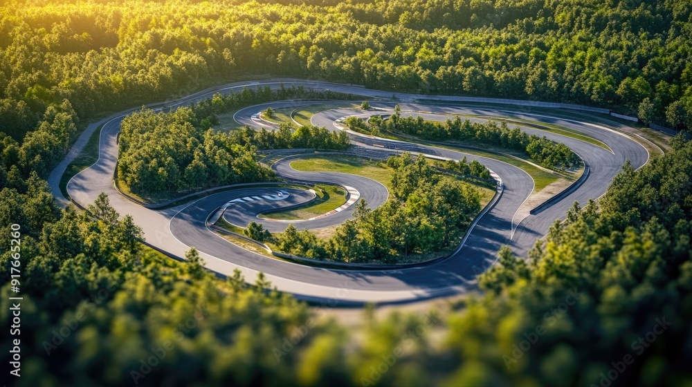 Aufkleber aerial view of a racetrack nestled in a forested area, showing its winding layout and sharp curves.