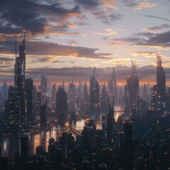 Fototapeta premium Futuristic Cityscape at Sunset
