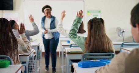 Hands, question and students in classroom, education and preparing for exam with teacher, learning and college. Answer, person and feedback of professor, knowledge and listening in university