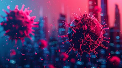 Disease-causing microbes in a polluted urban area, highlighted by neon holographic effects, dark background, sci-fi, digital illustration.