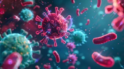 Obraz premium Disease-causing microbes shown as tiny machines interacting with pollutants, glowing holograms, metallic tones, steampunk, high resolution.