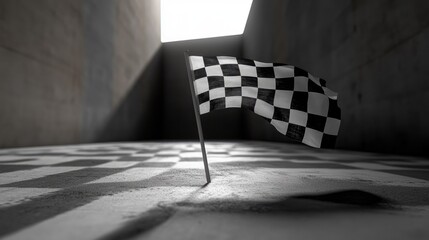 Checkered flag waving at the finish line, symbolizing the end of a successful race. Space for text included