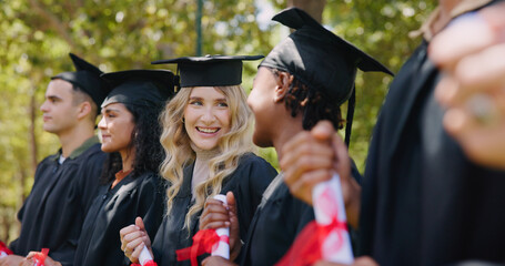 Group, graduation and students with education, achievement and knowledge with academic goals....