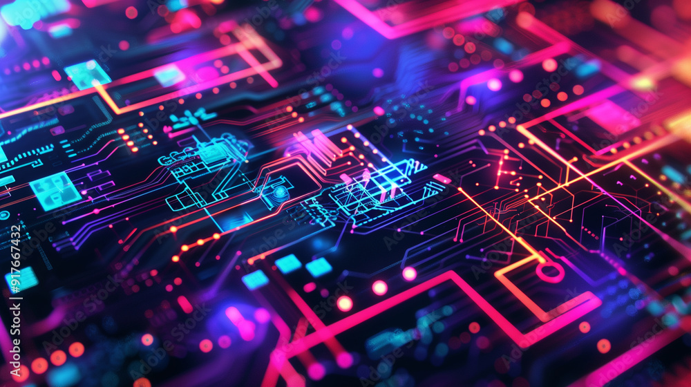 Poster technology background with neon-colored technological elements like glowing wires, data streams, and