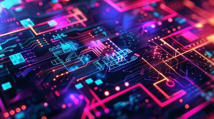 Obraz premium technology background with neon-colored technological elements like glowing wires, data streams, and futuristic symbols, futuristic tech wallpaper 