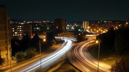 A cityscape at night with moving cars creating light trails along the roads