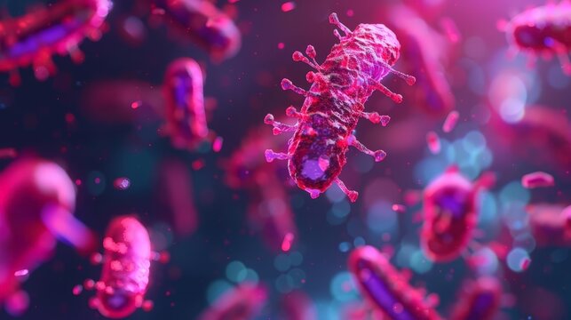 Microscopic view of disease-causing microbes in polluted air, highlighted with holographic effects, dark and vibrant contrast, sci-fi, detailed sketch.