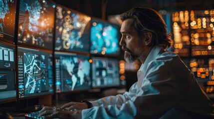 Fototapeta premium A focused man works intently at a computer in a dimly lit room, surrounded by multiple screens displaying data and information.