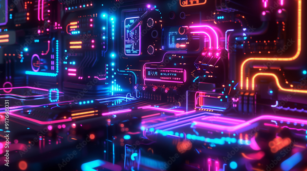 Aufkleber technology background with neon-colored technological elements like glowing wires, data streams, and