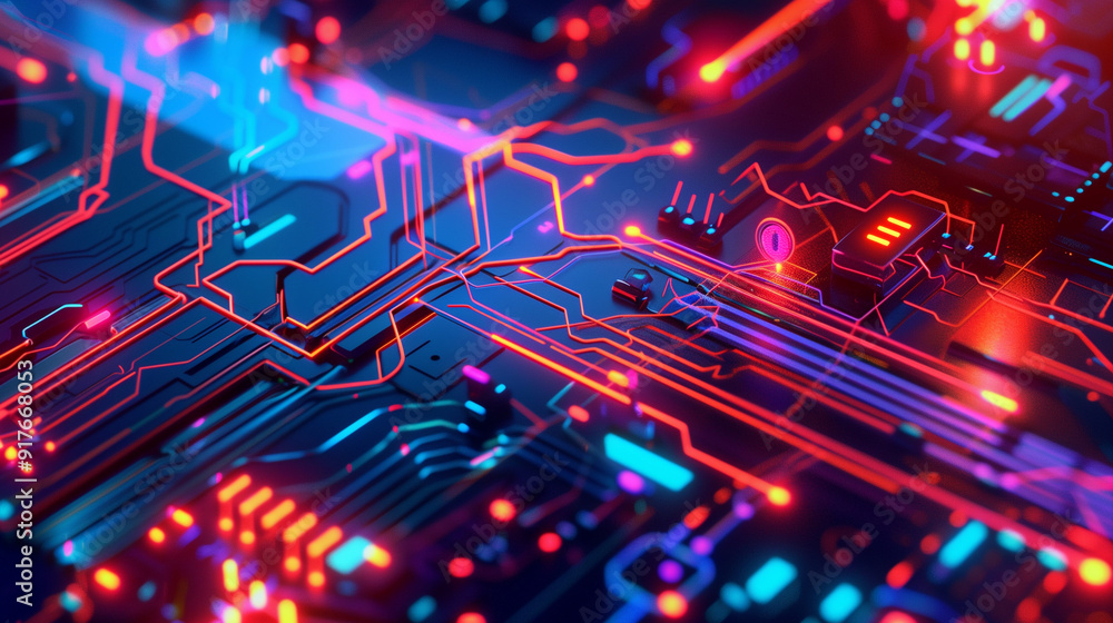 Poster technology background with neon-colored technological elements like glowing wires, data streams, and