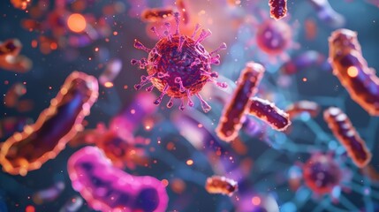 Microscopic view of prokaryotes interacting with host cells, illuminated by digital holograms, bright and dark contrast, sci-fi, digital art.