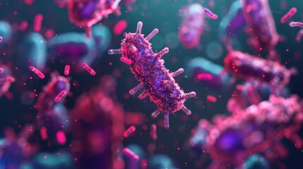 Fototapeta premium Microscopic view of prokaryotes interacting with host cells, illuminated by digital holograms, bright and dark contrast, sci-fi, digital art.