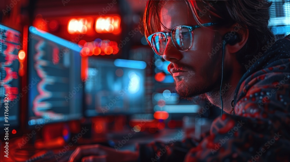 Aufkleber focused programmer working late at night.