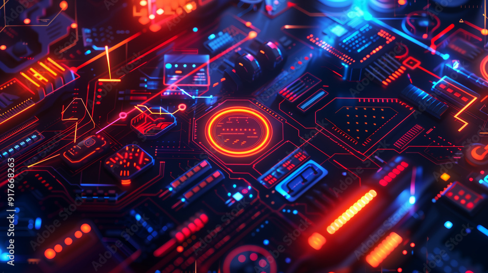 Poster technology background with neon-colored technological elements like glowing wires, data streams, and
