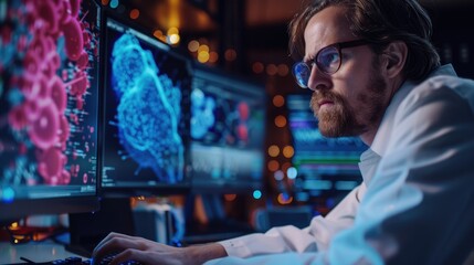 Fototapeta premium A focused scientist analyzes 3D data on multiple computer screens in a dark laboratory setting.