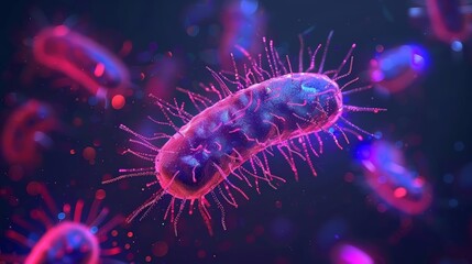 Obraz premium Microscopic view of protozoan parasites interacting with microbes, illuminated by digital holograms, bright and dark contrast, sci-fi, digital art.