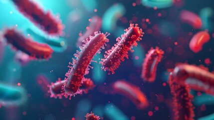 Fototapeta premium Microscopic view of sanitized surfaces with healthy microbes, illuminated by digital holograms, clean and bright, sci-fi, digital art.