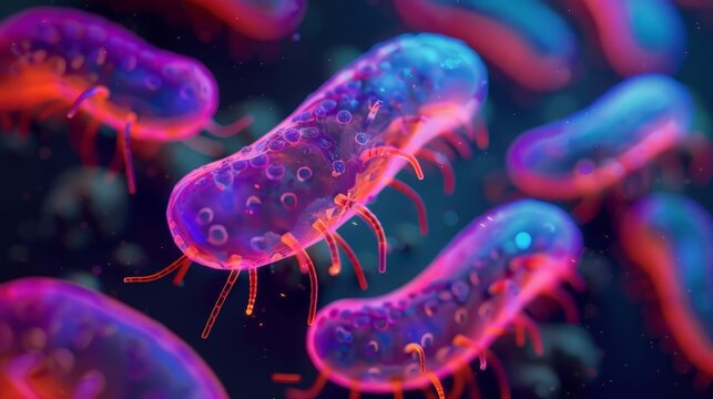Microscopic view of protozoan parasites under UV light, with glowing details, vibrant colors, photorealistic, high detail.