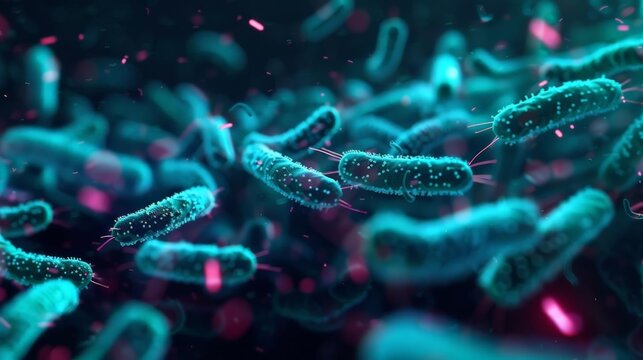 Microscopic view of protozoan parasites interacting with microbes, illuminated by digital holograms, bright and dark contrast, sci-fi, digital art.