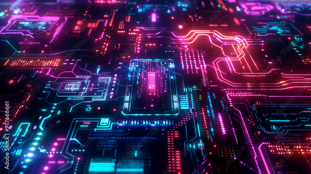 Poster technology background with neon-colored technological elements like glowing wires, data streams, and