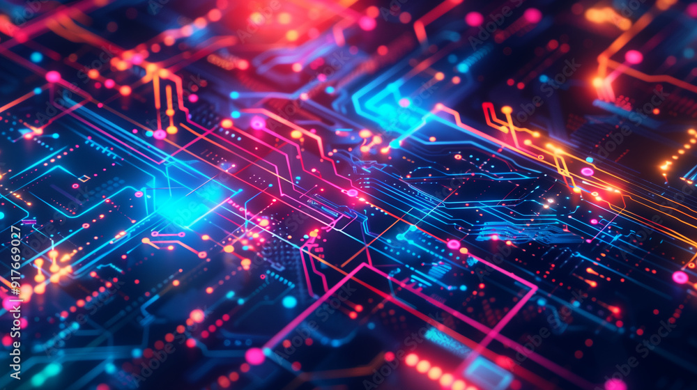 Poster technology background with neon-colored technological elements like glowing wires, data streams, and