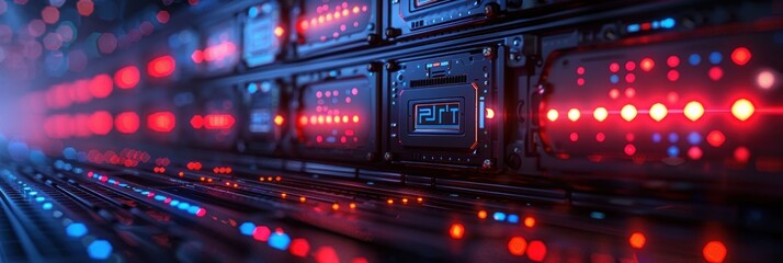 Futuristic Server Room with Red and Blue Lights
