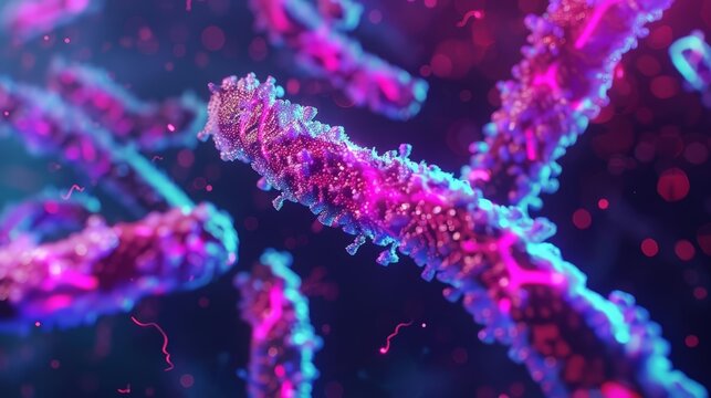 Protozoan parasites in a nutrient-rich environment, with glowing holographic connections, neon colors, futuristic, digital art.