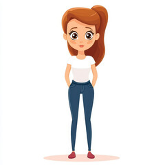 Fototapeta premium A cartoonstyle young mom, exhausted from childbirth, shows tired eyes and subtle wrinkles, standing tall with pride.