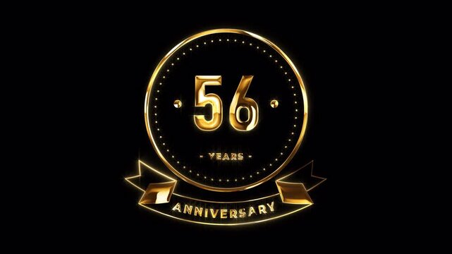 56th Anniversary Celebration. Happy 56 Years Anniversary Animation in Gold Color on the Transparent Background, Alpha Channel. Great for greetings, celebrations, events, and gifts.