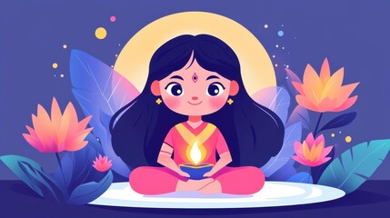 Celebrate the essence of Diwali with a vibrant flat illustration of the Hindu Goddess, symbolizing wealth and good fortune.