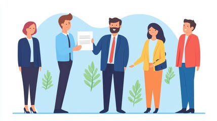 Fototapeta premium Modern HR manager reviews resumes, looking for the best fit for the role in a bright, cartoonstyle office scene.