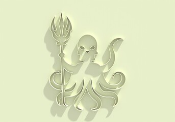 Octopus with trident in tentacles. Cartoon sea animal. Giant kraken monster of fantasy story, cartoon creepy underwater cuttlefish. Emblem for the menu of the seafood market or restaurant. 3D render