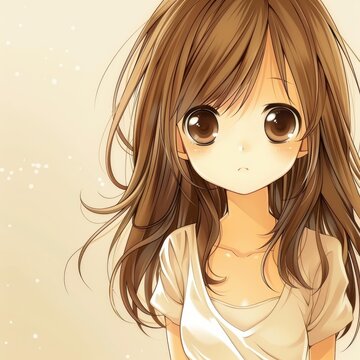 Une jeune fille style en manga, avec des cheveux lisses chtains et de grands yeux bruns ptillants dnergie.