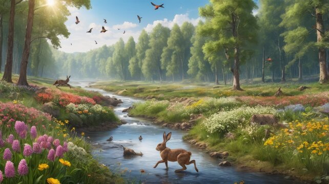 Enchanted forest landscape with a flowing river and wild animals, sunny spring meadow with blooming flowers, idyllic nature scene with birds and deer