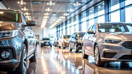 Cars in a car showroom with a blurred background.