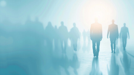 Silhouetted business people walking towards light