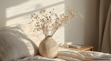 Ceramic Vase with Textured Lines Holding Dried Flowers