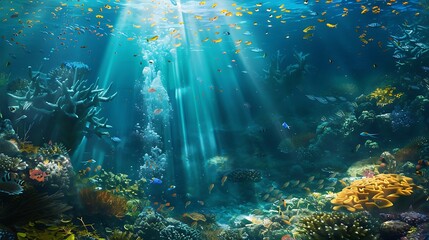 Obraz premium Scene of an aquatic ocean with rays of sunlight and an underwater deep