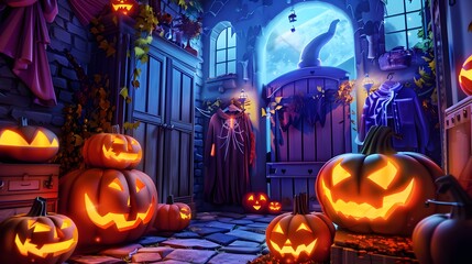 Fototapeta premium Halloween party with a festive and unique place, All kinds of party supplies Halloween, Happy Halloween background