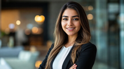 Woman, financial analyst, smiling , sleek corporate office background, with copy space, editorial photography