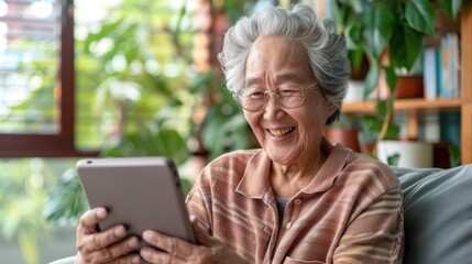 Obraz premium A senior using a tablet to video chat with family
