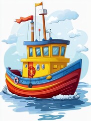 Cartoon Illustration of a Colorful Fishing Boat Sailing on the Sea