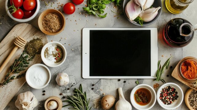 A white tablet on a kitchen counter next to ingredients