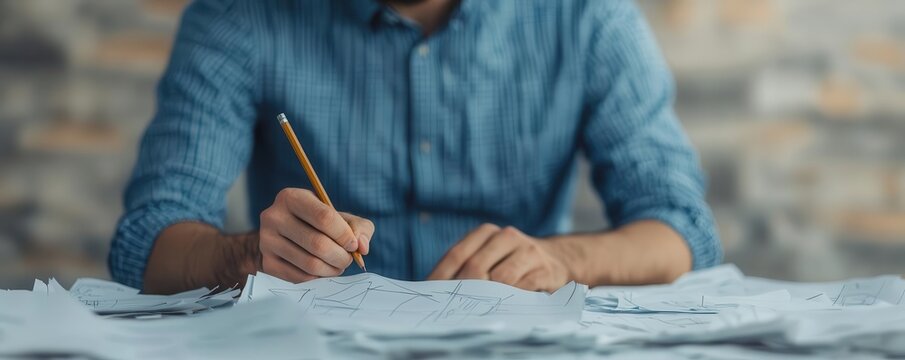 Inventor sketching corrections on a failed design, surrounded by discarded drafts, Design Process, Invention Error