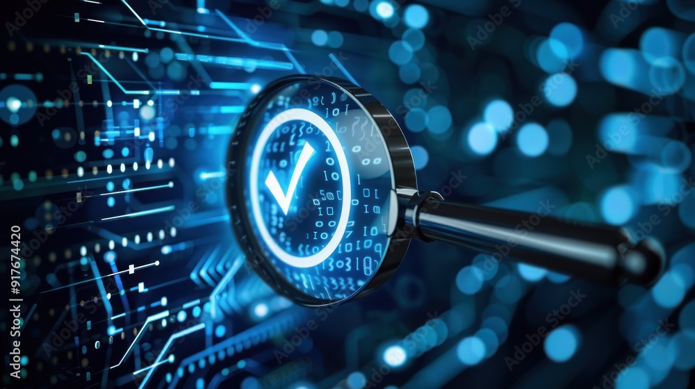Poster digital image depicting a person with a magnifying glass and check mark icon.
