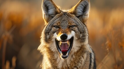 Close-up portrait of a grey coyote in the wild at sunset.