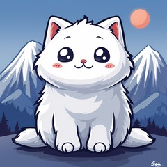Adorable cartoon white cat in a serene mountain landscape at sunset.