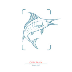 Sailfish, swordfish, marlin on blobs background. Seafood shop logo, signboard, restaurant menu, fish market, banner, poster design template. Fresh seafood. Fishing trophy